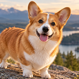 Original photo of a smiling corgi outdoors