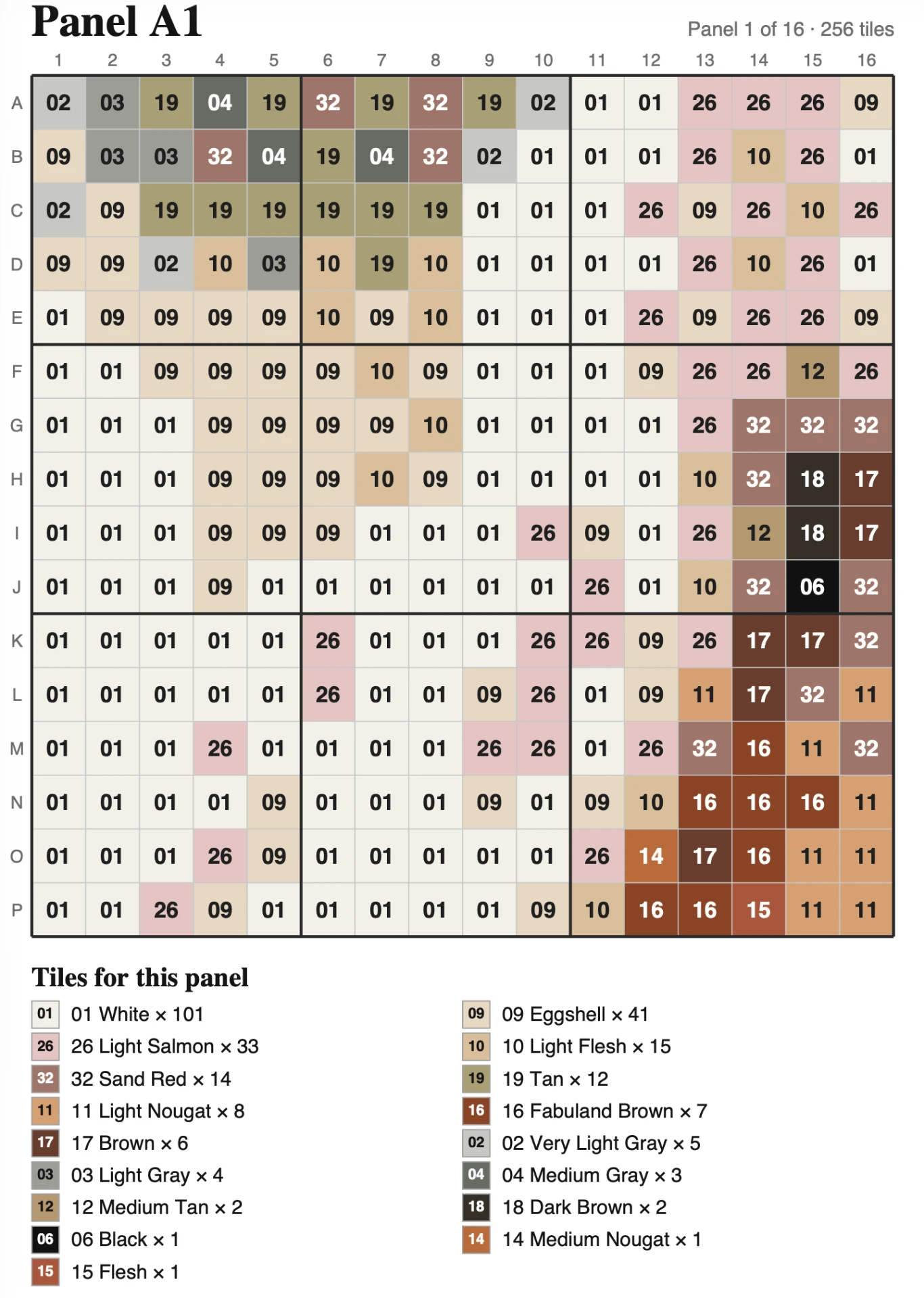 A single panel map showing the color number for every tile