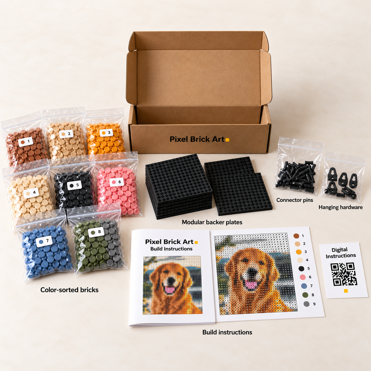 Pixel Brick Art kit flat lay: numbered bags of round bricks, black backer plates, connector pins and a personalized building guide