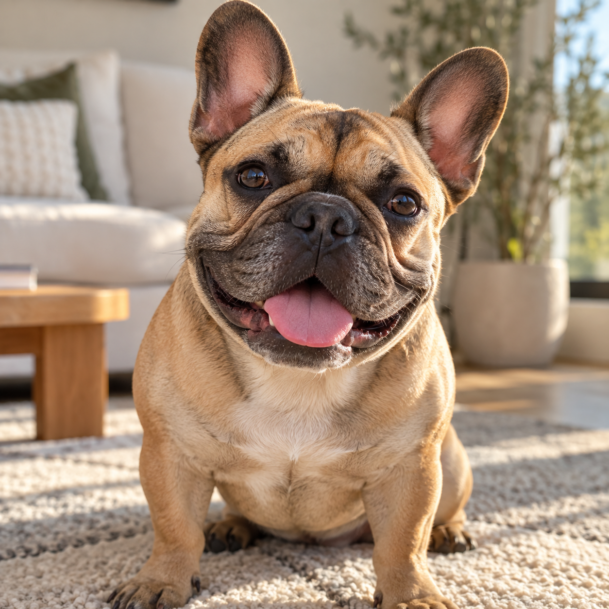 Original photo of a smiling french bulldog in a living room