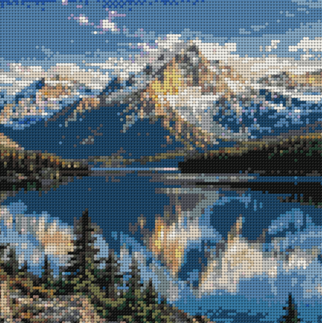 Round-brick mosaic of snow-capped mountains reflected in a blue alpine lake