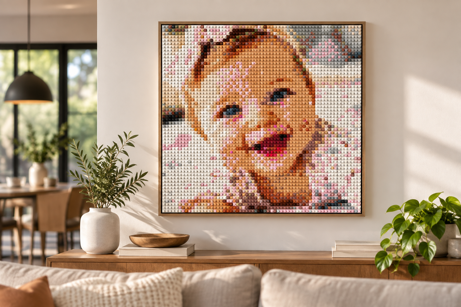 Framed pixel-art portrait of the baby hanging on a living-room wall