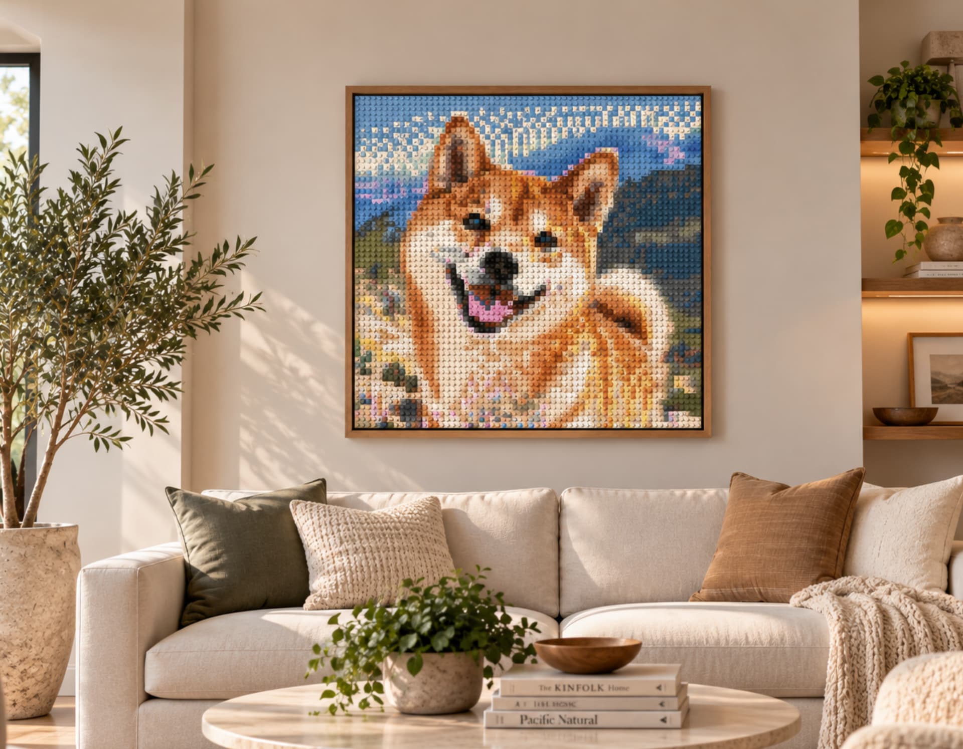 4 × 4 brick mosaic of a shiba inu in a living room