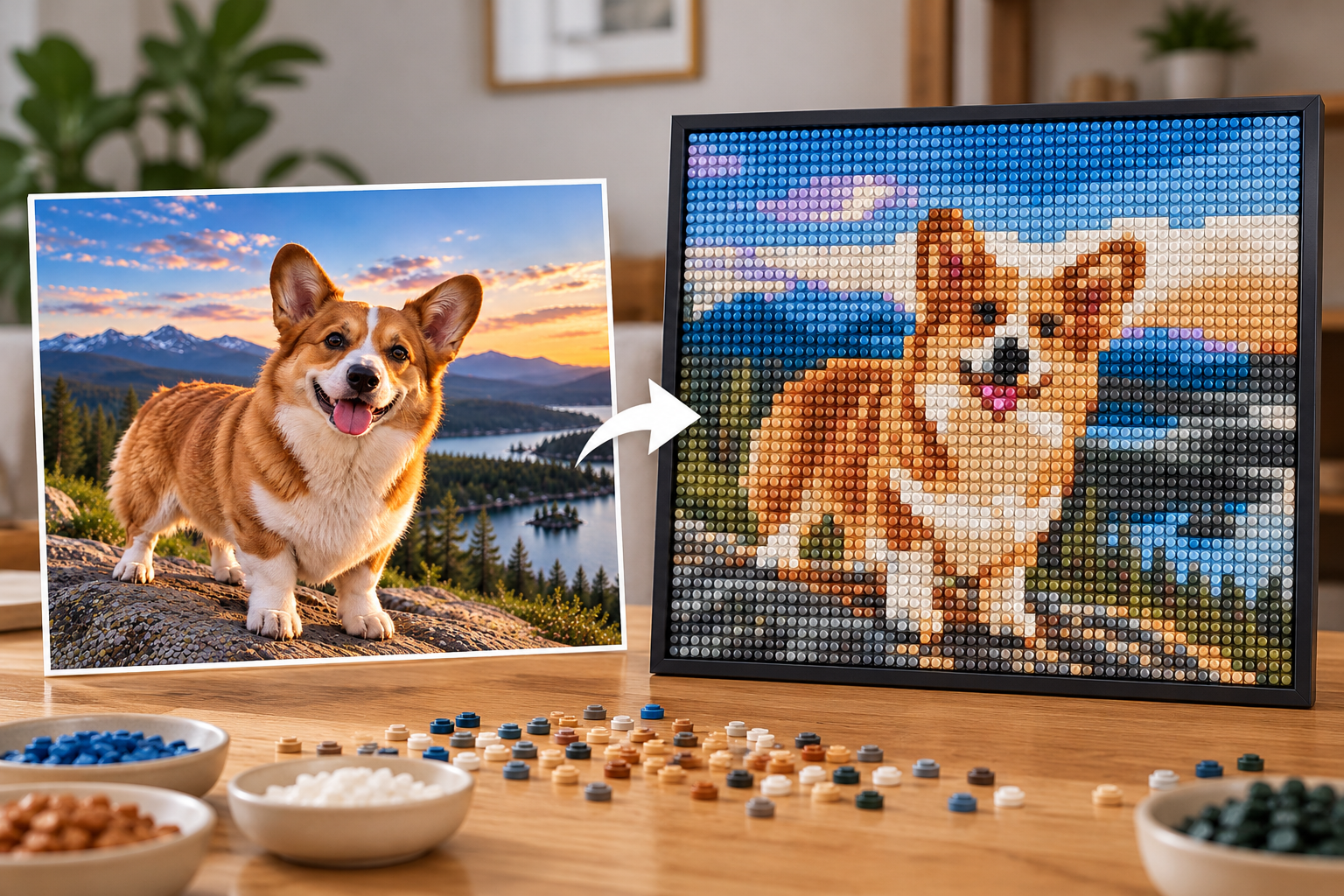 A corgi photo beside its finished pixel-art tile mosaic in a black frame, with bowls of loose tiles on a wooden desk