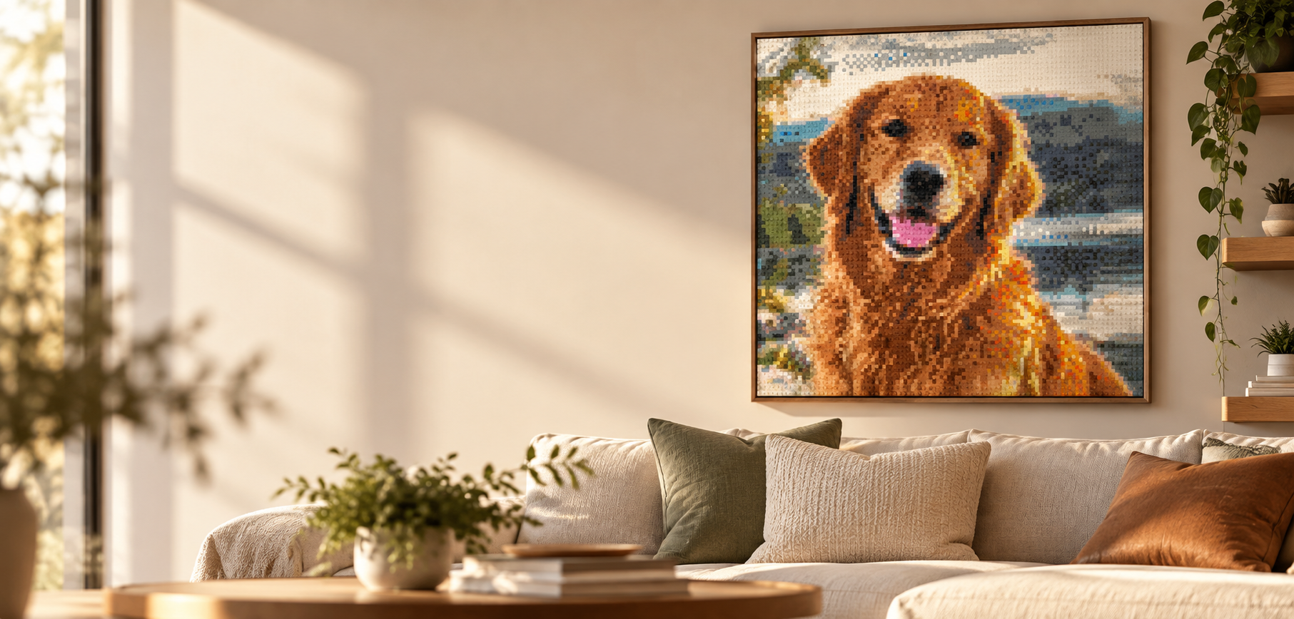 Framed golden retriever pixel portrait above a sofa in a bright living room