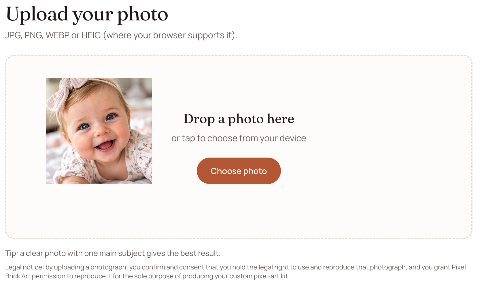 The upload step: drop a photo here or tap to choose from your device