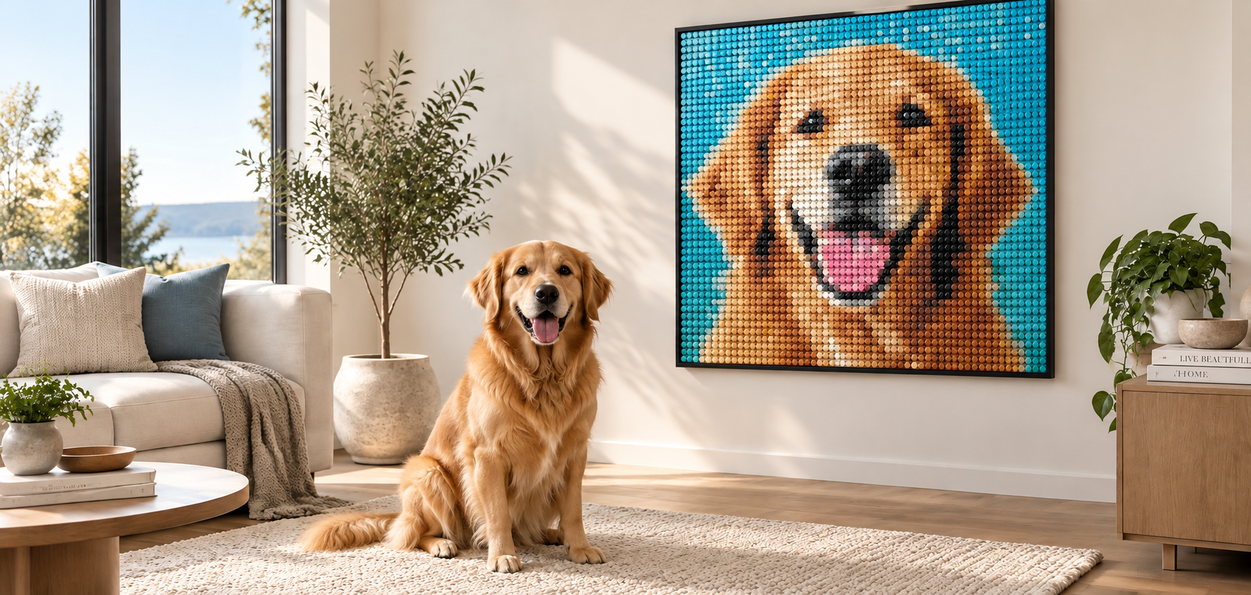 Golden retriever sitting in a living room in front of its custom brick mosaic portrait