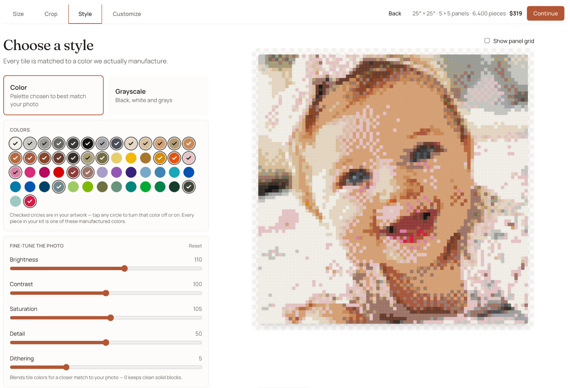 The style step: choosing color or grayscale, the 54-color palette and fine-tune sliders beside the live artwork preview