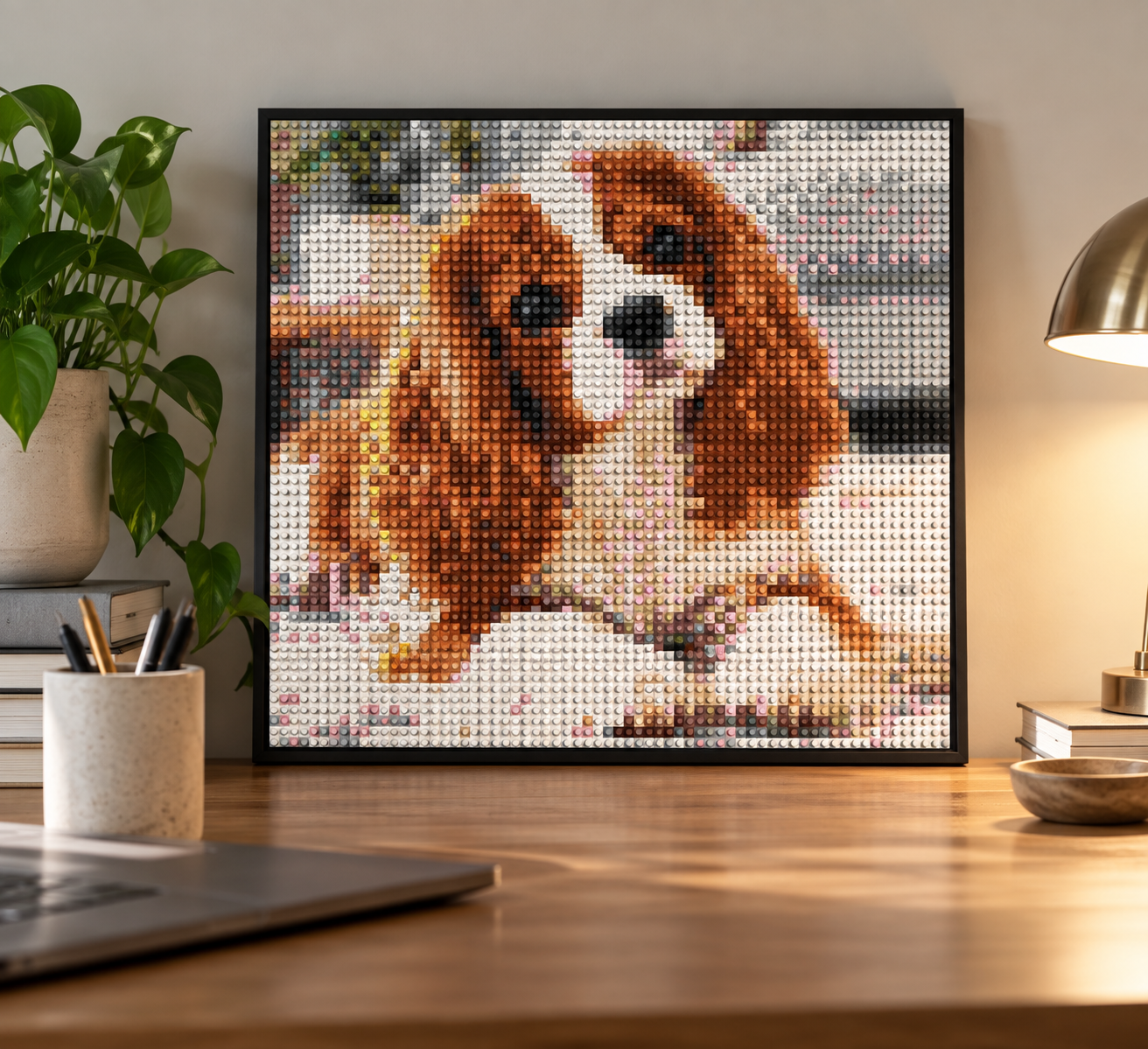 Framed pixel-art portrait of a King Charles spaniel resting on a wooden desk beside a plant and lamp