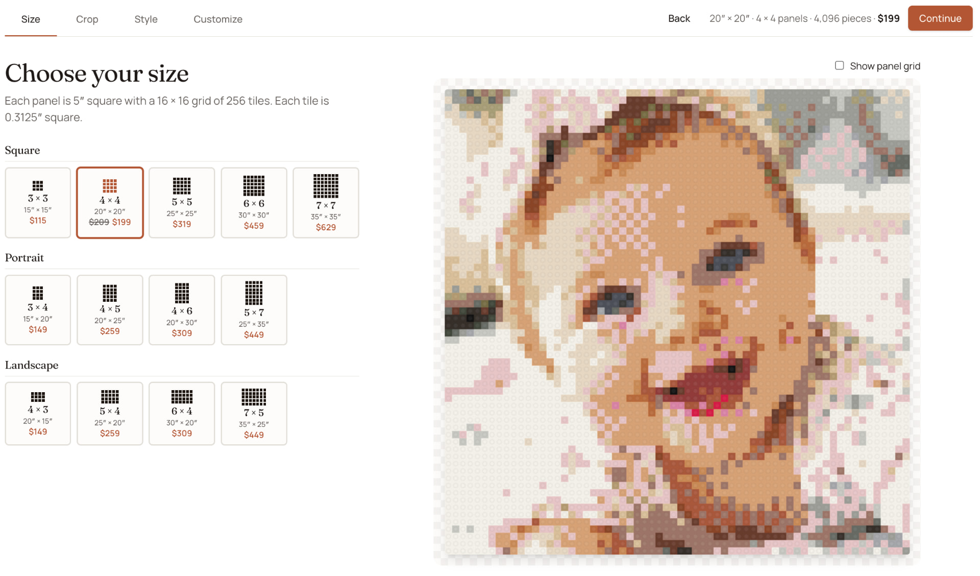 Choosing a size: square, portrait and landscape options with prices beside the live artwork preview