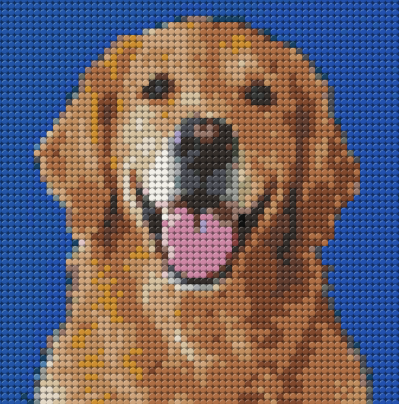 Golden retriever rendered as a round-brick mosaic portrait on blue