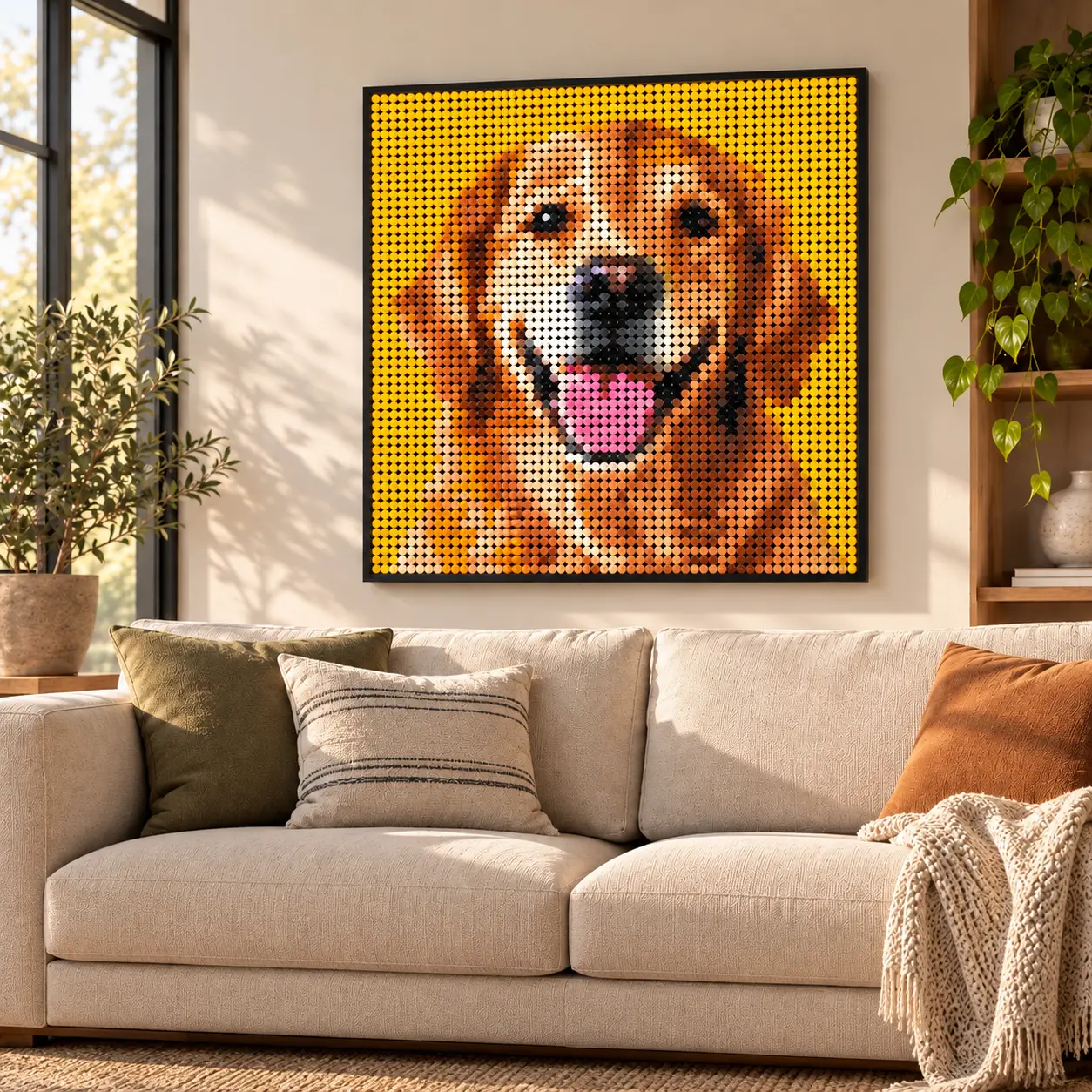 Golden retriever brick mosaic displayed in a living room