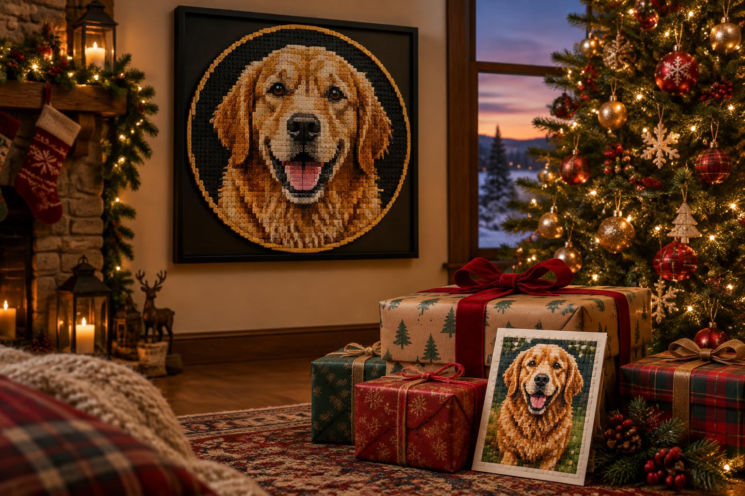 Christmas tree with wrapped presents, a printed gift reveal card and a framed dog brick mosaic on the wall