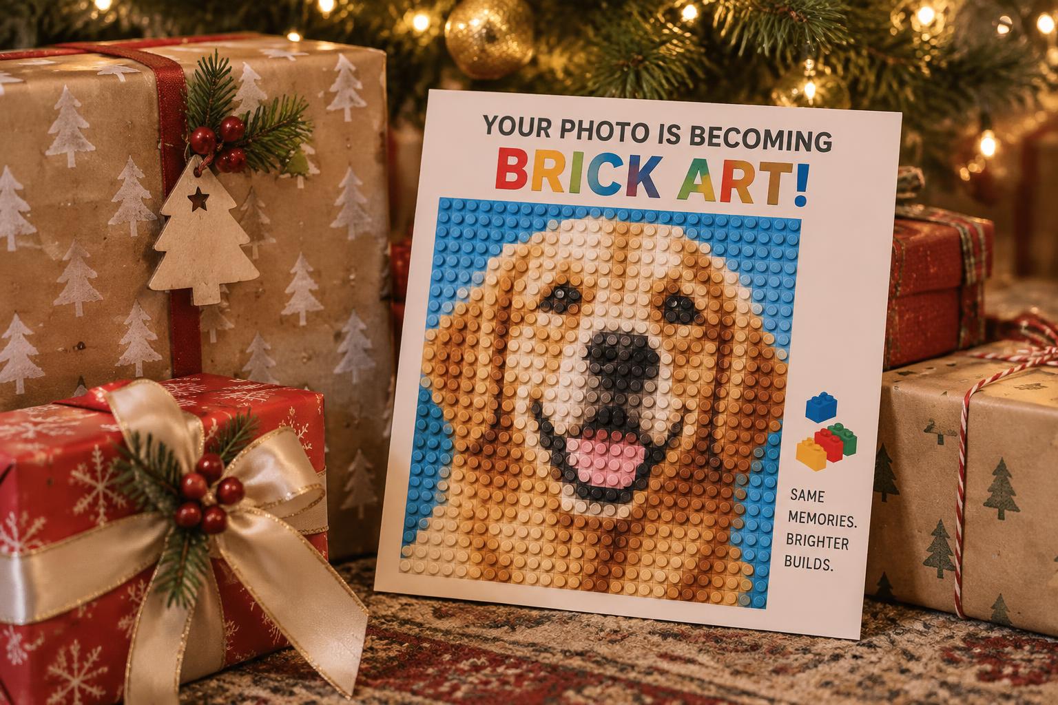 Wrapped Christmas presents under a tree with a printed gift reveal card showing a dog brick mosaic