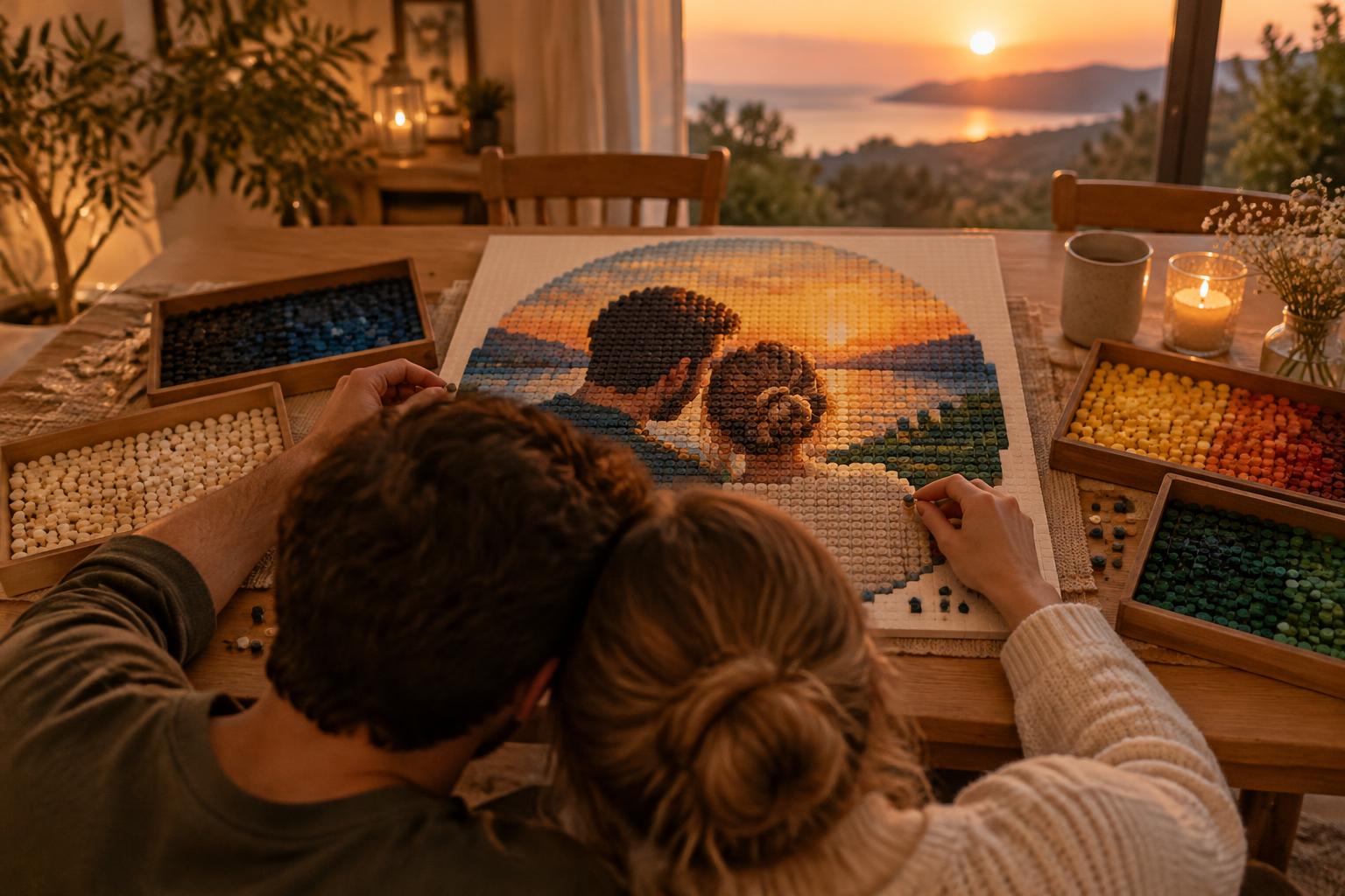 Couple building their brick mosaic together at sunset