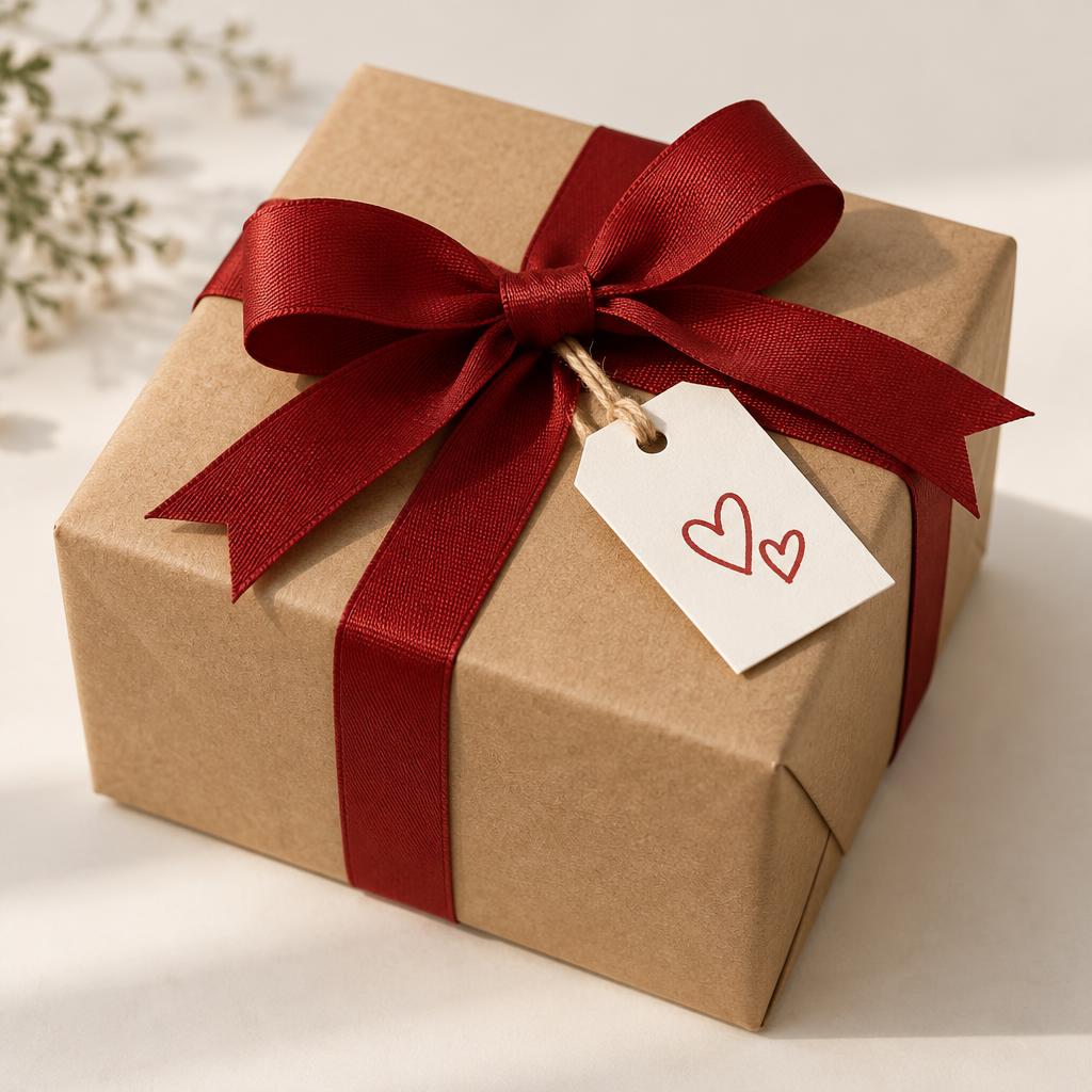 Gift box tied with a red ribbon and a gift tag with two hearts