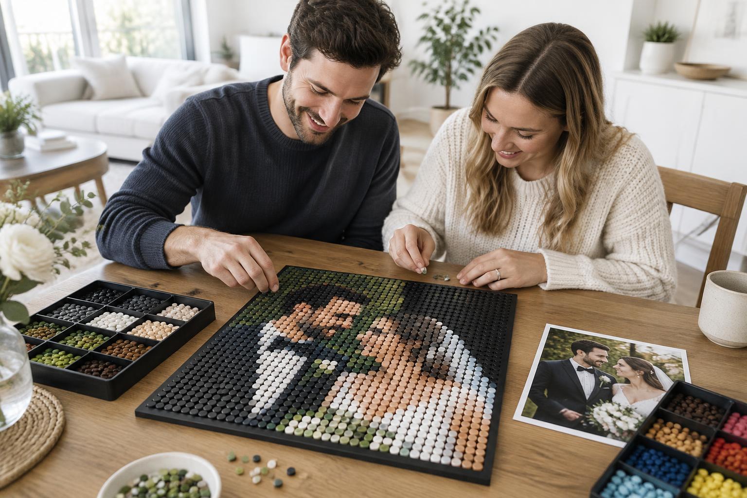 Couple building their wedding mosaic together at a table with trays of colored bricks