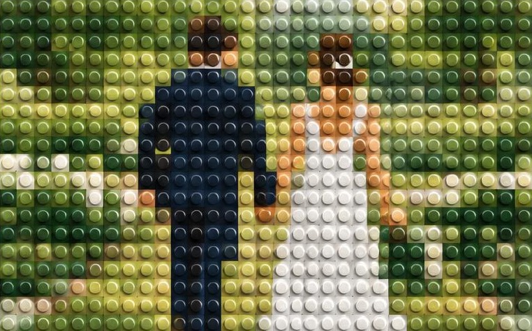 Just Married photograph transformed into a round-brick mosaic