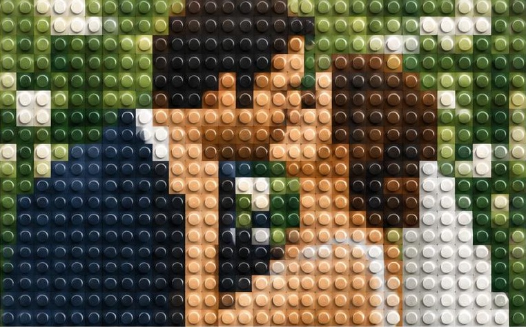 First Kiss photograph transformed into a round-brick mosaic