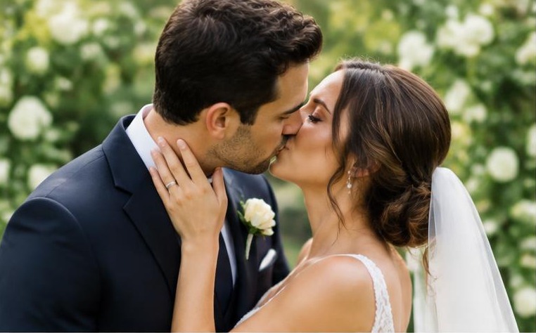 Wedding photograph: first kiss