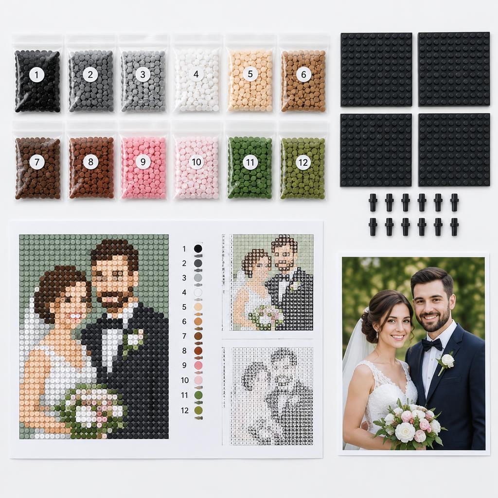 Wedding mosaic kit with sorted round bricks, black plates and a building guide